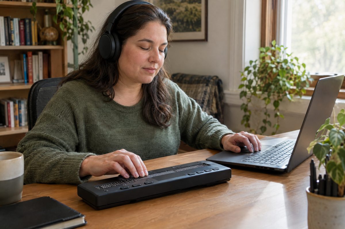 A woman wearing headphones reads a refreshable braille display with one hand while her other hand rests on a laptop at a sunlit home desk.