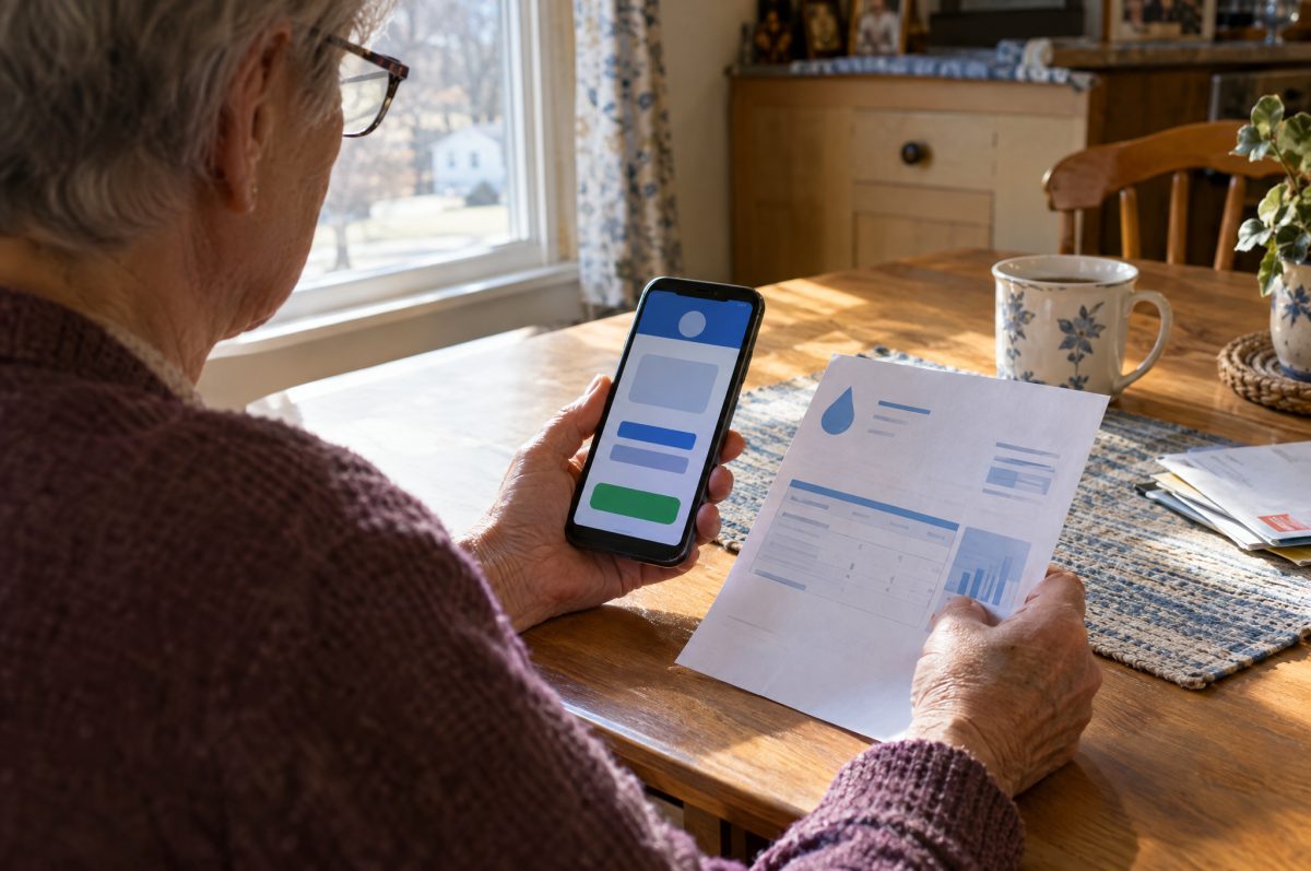 Over-the-shoulder view of an older woman at her kitchen table holding a paper water bill in one hand and paying it on a smartphone in the other.