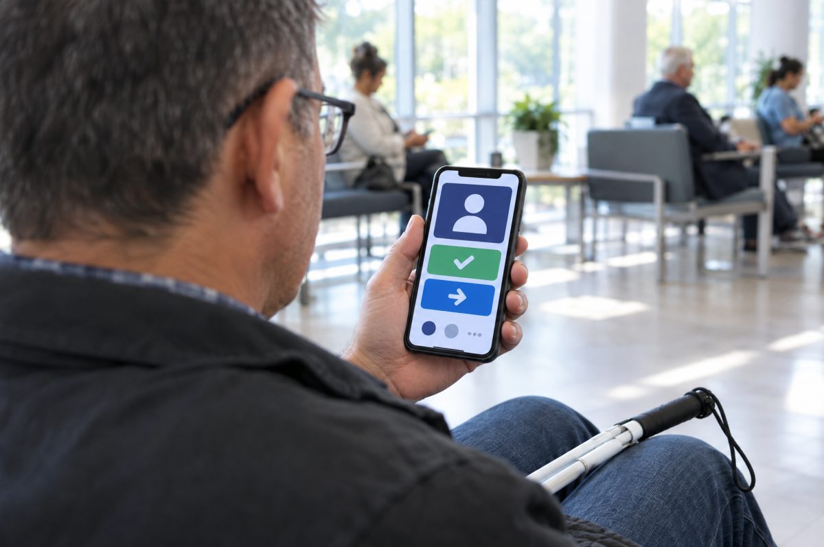 Over-the-shoulder view of a man in a hospital waiting room checking in on his smartphone, which shows large, high-contrast buttons; a folded white cane rests on his lap.