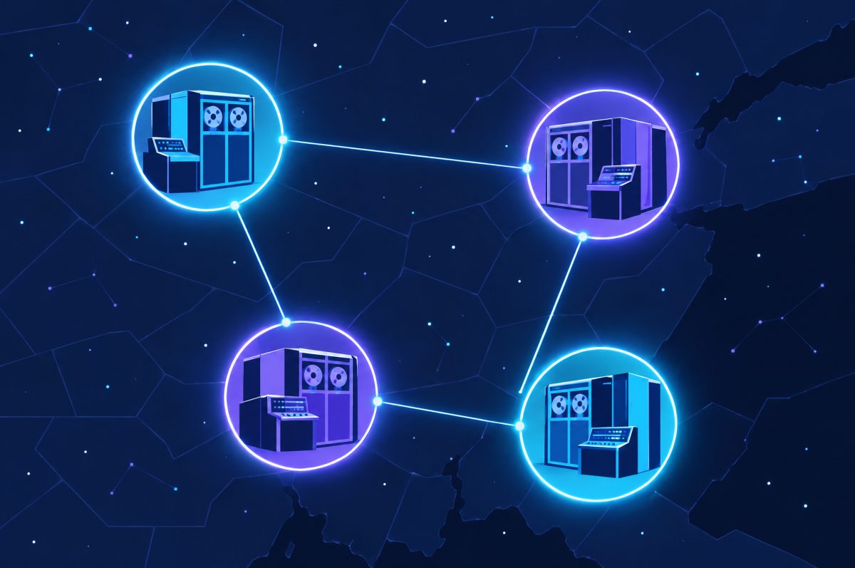 Illustration of four 1960s mainframe computers in glowing circles, linked by lines across a dark map, representing the first ARPANET research network.