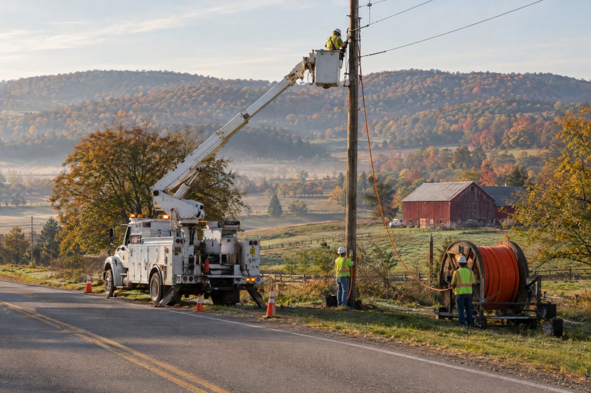 A crew in safety vests strings orange fiber-optic cable on a utility pole along a rural road, with a bucket truck, autumn hills and a red barn behind them.