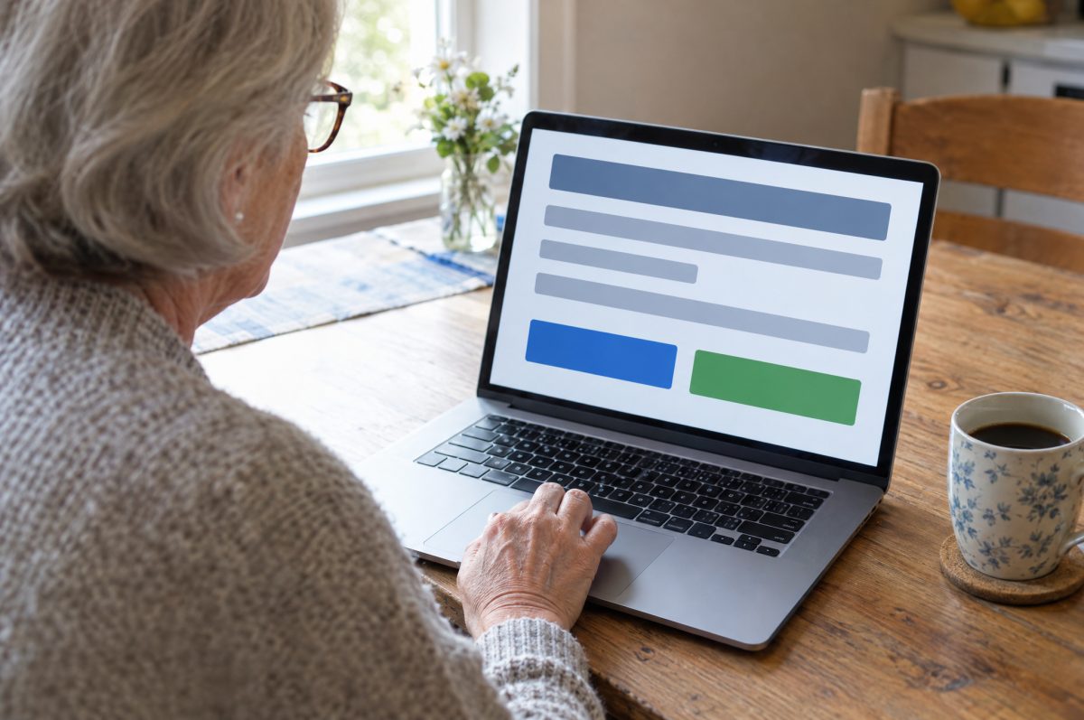 Over-the-shoulder view of an older woman in glasses using a laptop at her kitchen table; the screen shows a simple page with large text and two big, high-contrast buttons.