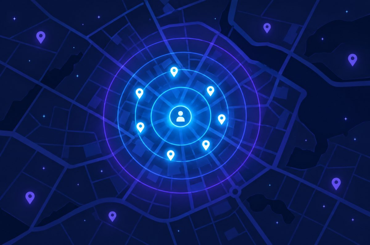 Illustration of a town map at night with a person at the center, surrounded by glowing rings; nearby business map pins glow brightly while distant pins at the edges are dim.
