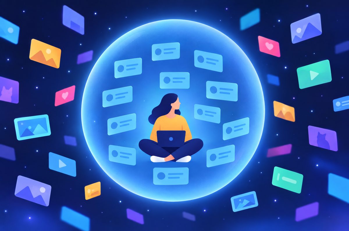Illustration of a woman with a laptop sitting inside a glowing bubble filled with identical blue posts, while colorful, varied posts float by outside the bubble.