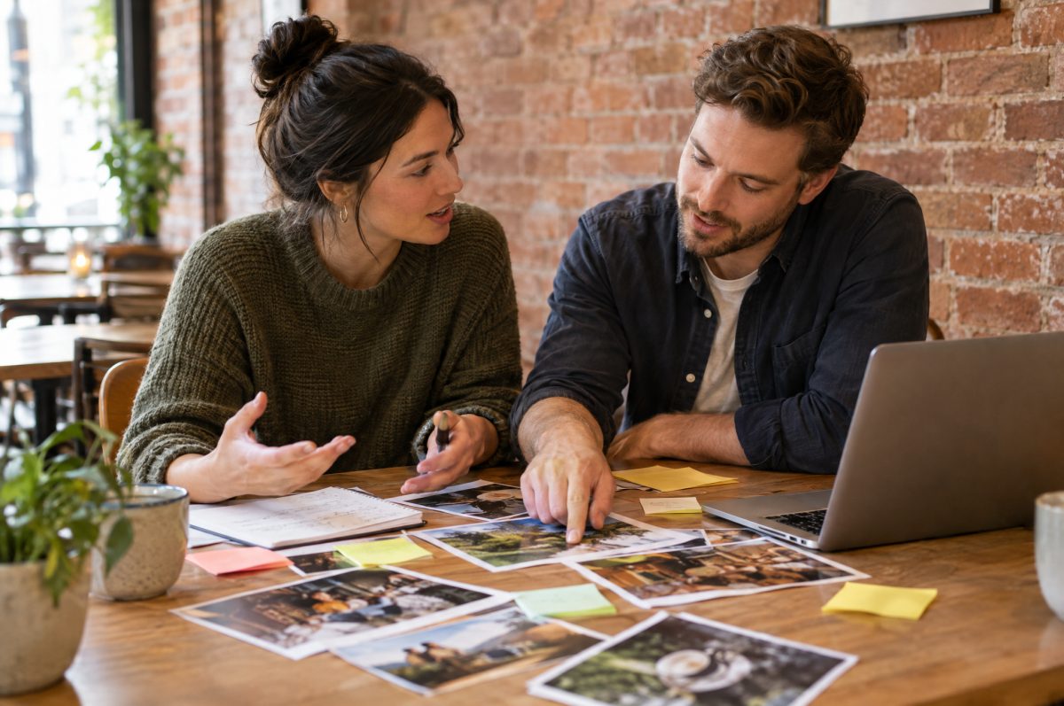 Two small-business owners plan a marketing campaign at a coffee shop table covered with printed photos, sticky notes and a laptop.