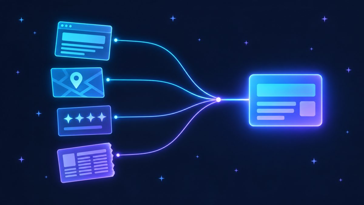 Illustration of four source cards, a web page, a map listing, a star rating and a news clipping, each sending a glowing line that merges into one answer card.