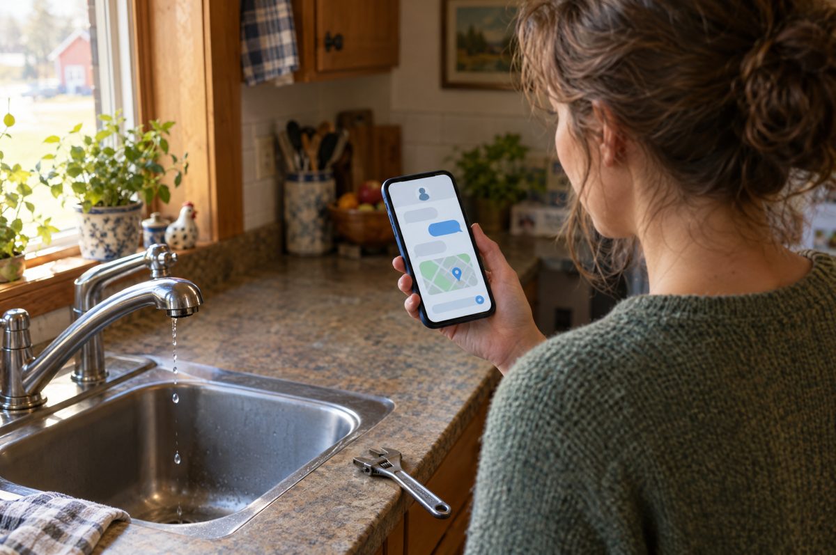 Over-the-shoulder view of a woman in her kitchen beside a dripping faucet, a wrench on the counter, asking an AI assistant on her phone for help; the screen shows a chat with a small map.