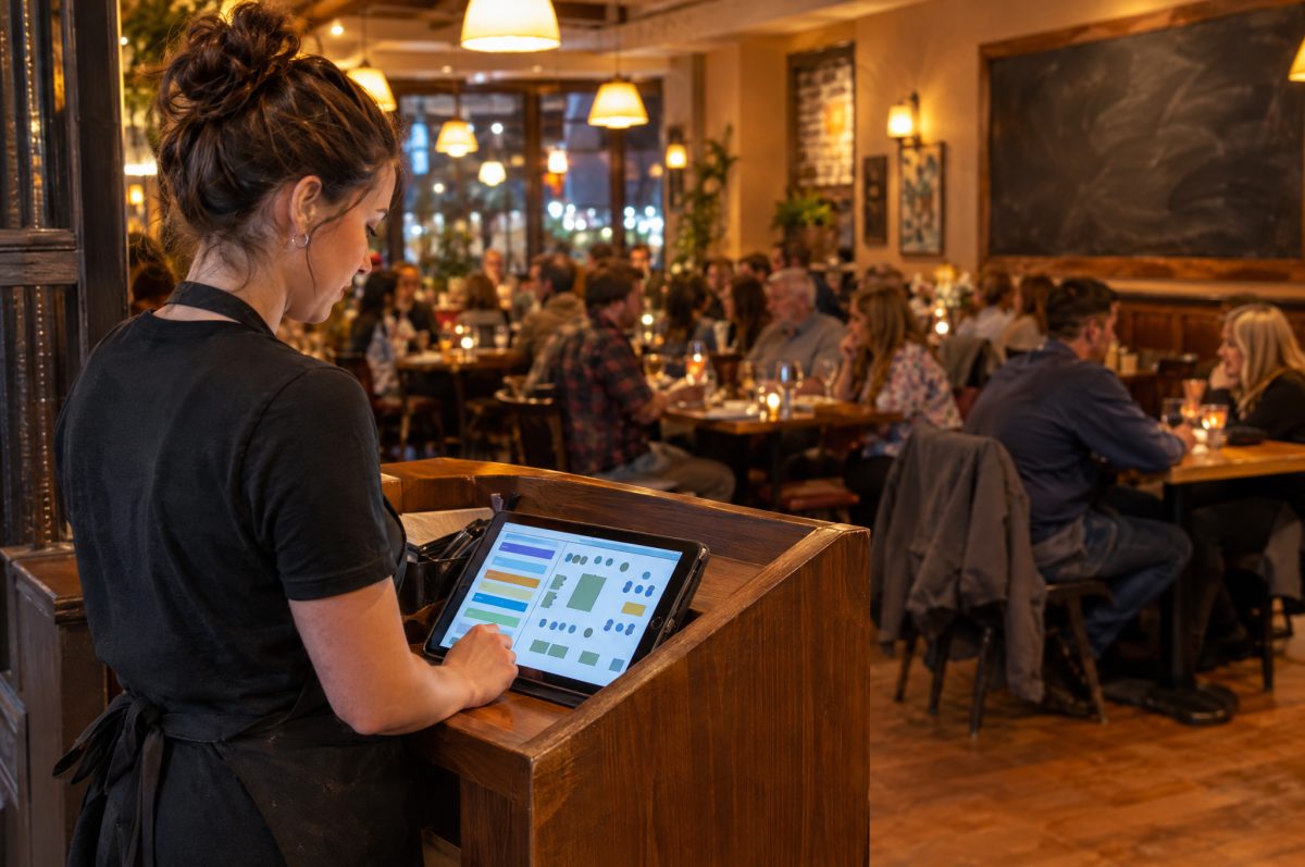 A host at a busy neighborhood restaurant checks reservations and a seating map on a tablet at the host stand while diners fill the room behind her.