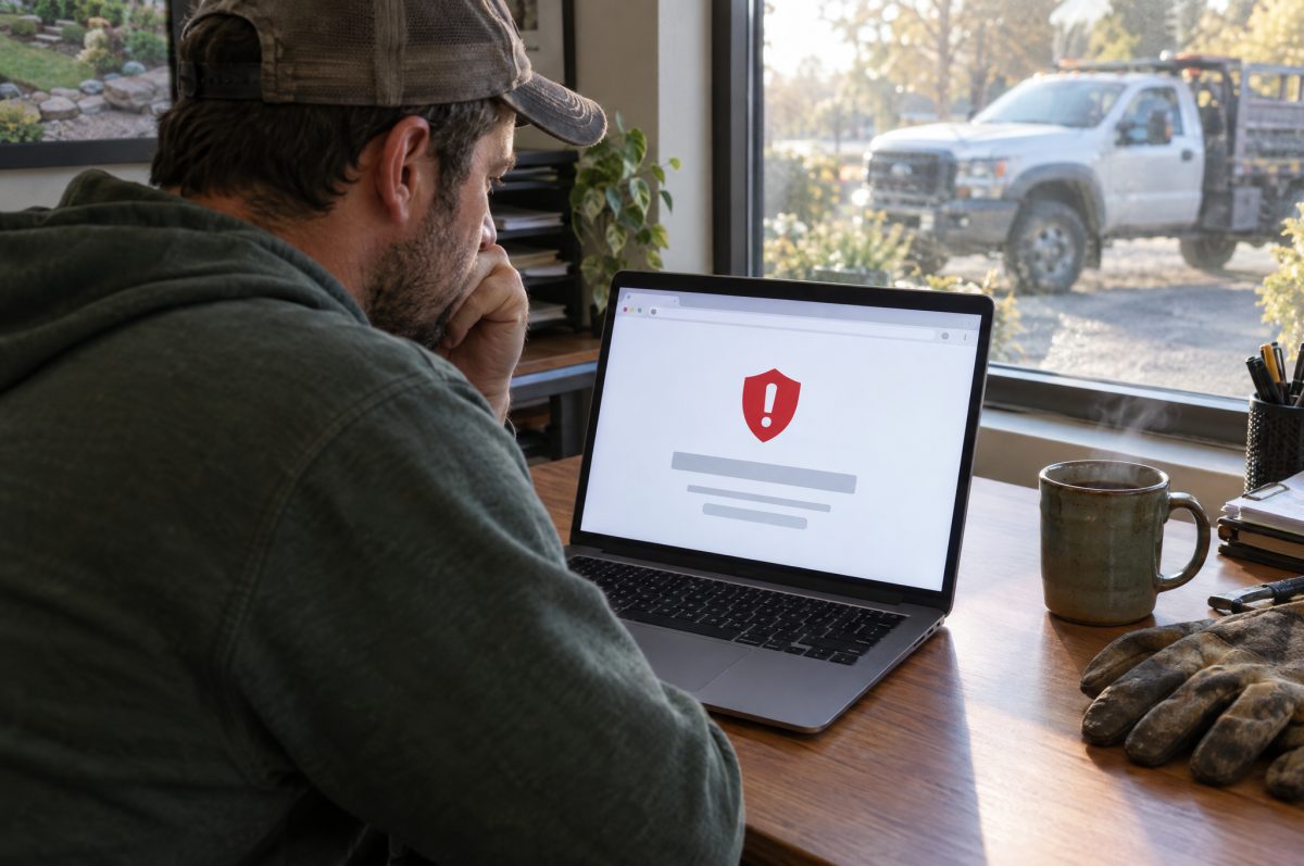 Over-the-shoulder view of a landscaping business owner at his office desk, hand to his mouth, looking at a browser security warning with a red shield on his laptop; his work truck is parked outside the window.