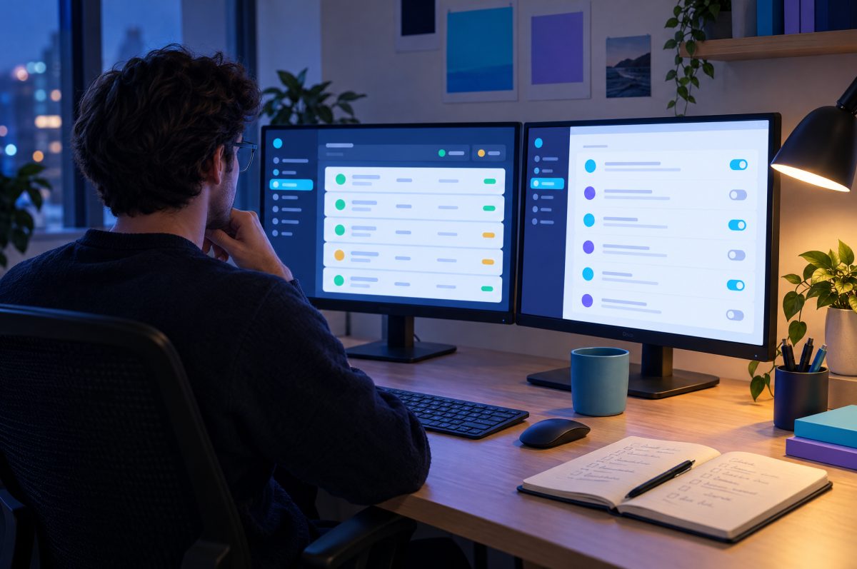 A web developer at a desk in the evening reviews two monitors showing a site status dashboard with green and amber rows and a list of updates with toggle switches, a handwritten checklist open beside the keyboard.