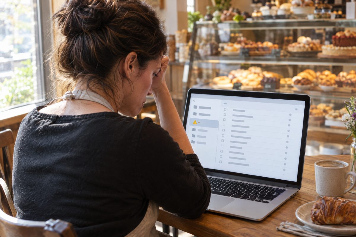 A bakery owner sits at a table in her shop with her head in her hand, looking at an email inbox on her laptop where a folder is marked with a yellow warning triangle; a pastry case fills the background.