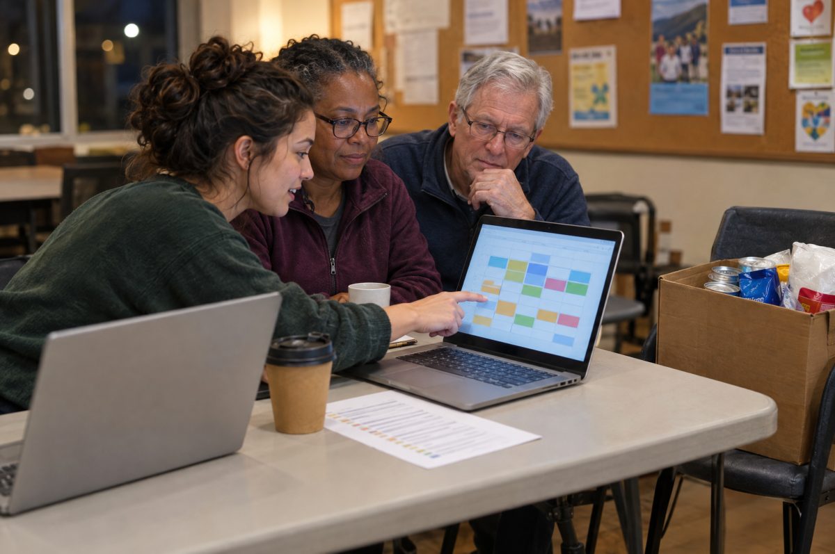 Three volunteers of different ages sit at a folding table in a community center in the evening, looking at a shared calendar on a laptop, with a printed checklist, coffee cups and a box of donated food beside them.