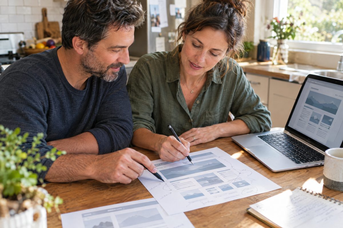 Two business co-owners at a kitchen table mark up a printed website design with pens, circling sections and writing notes, with the same design open on a laptop beside them.