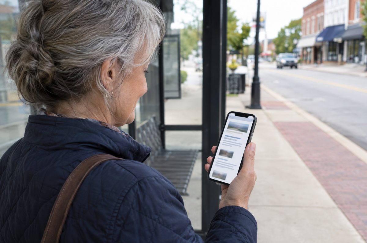 Over-the-shoulder view of a woman in her sixties at a small-town bus stop reading a simple web page with short sections and clear headings on her phone.