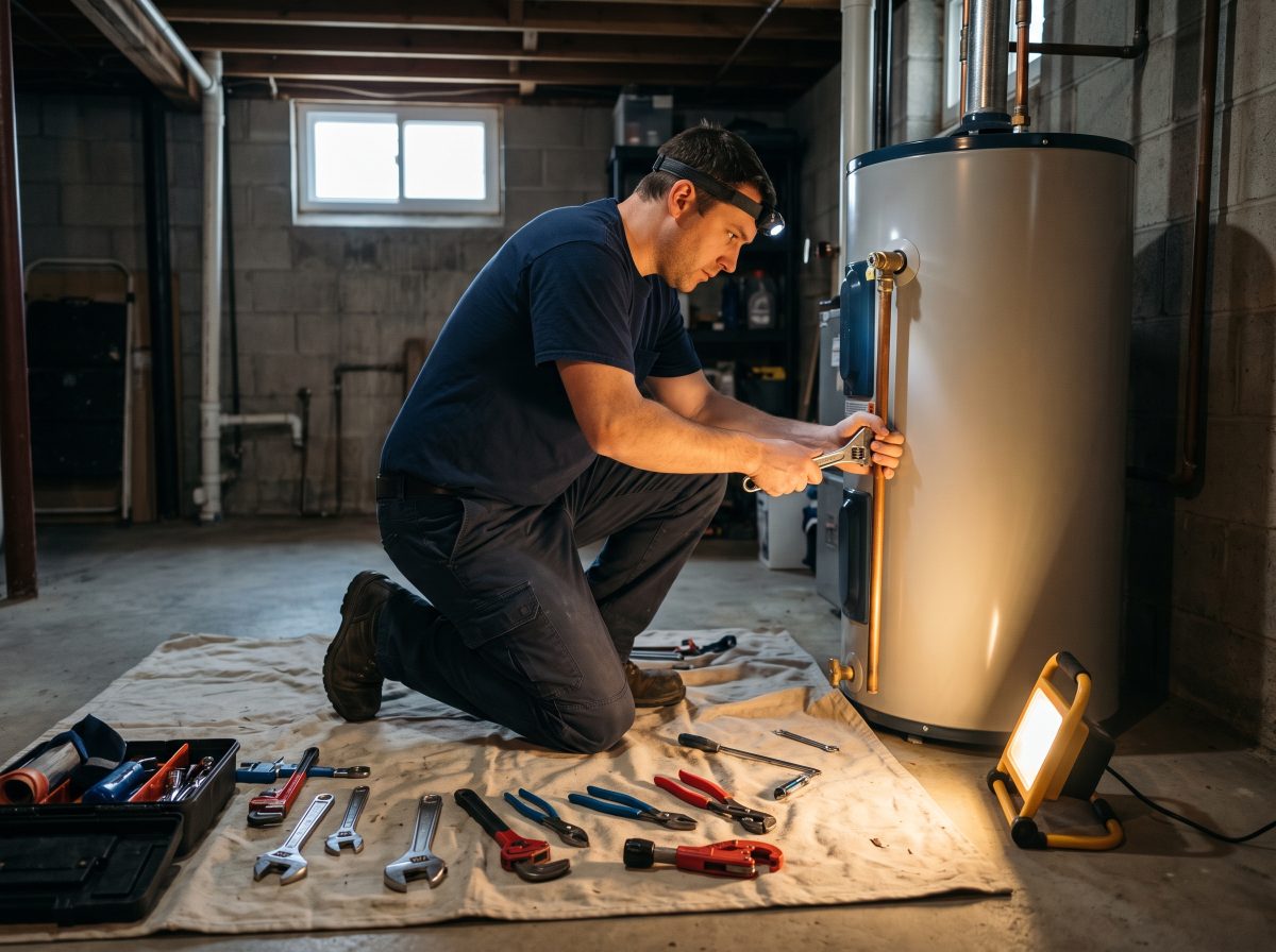 A technician kneels on a drop cloth in a home basement, tightening a fitting on a new water heater with his tools laid out neatly beside him.