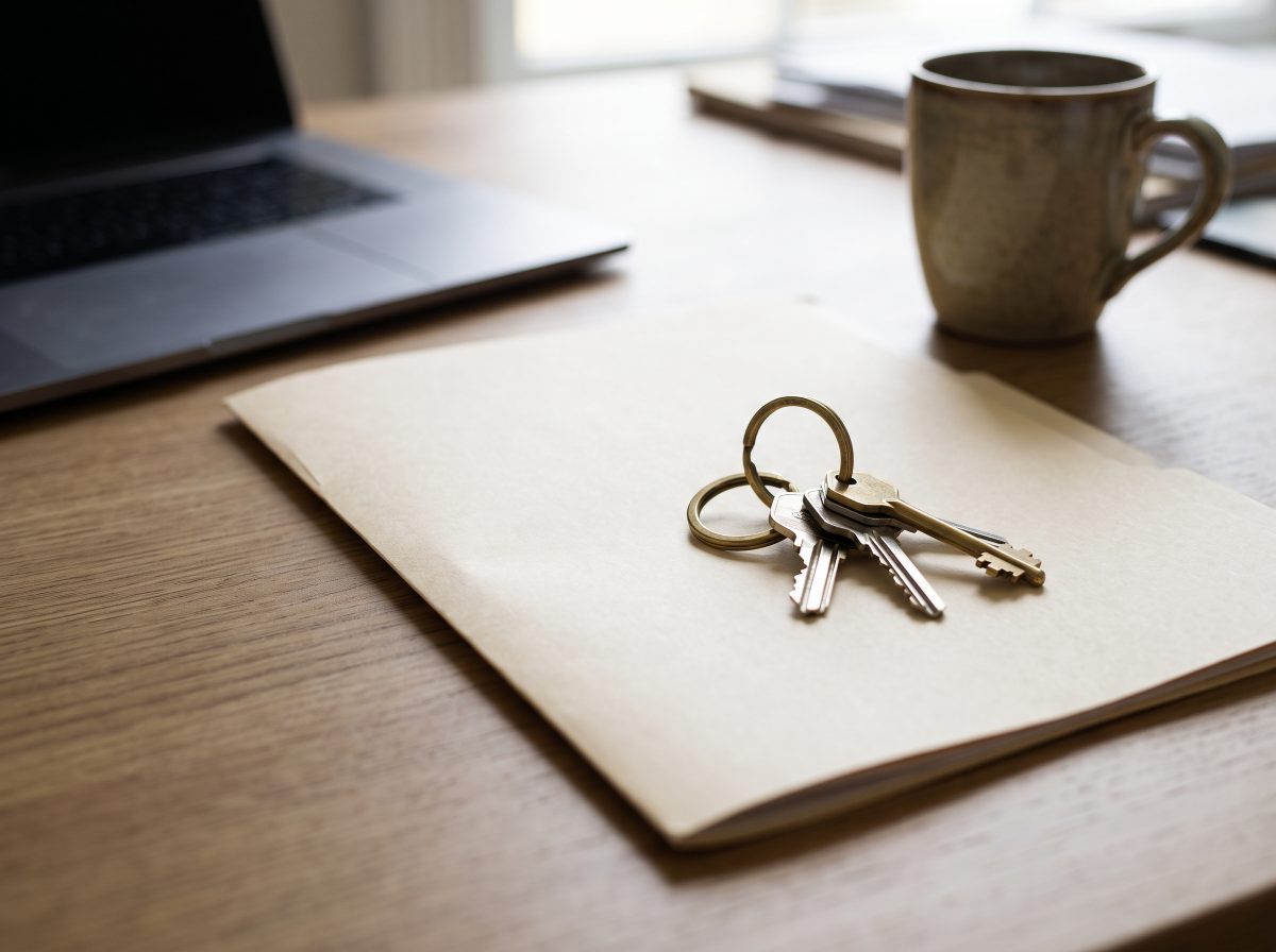 A ring of keys rests on a closed manila folder on an office desk beside a laptop and a coffee mug.