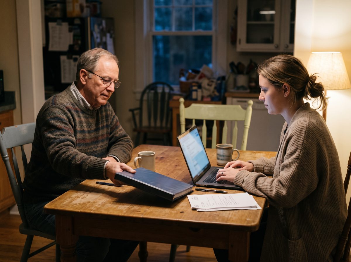 An older volunteer slides a binder across a kitchen table to a younger volunteer, who is typing on a laptop, during an evening handoff.