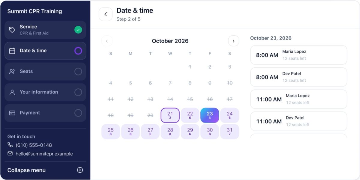 Screenshot: the KosmicBooking booking window on a web page. A dark side panel lists the steps, with Service ticked and showing CPR & First Aid. The main pane shows the month of October with available days highlighted, and that day's class times with the instructor and seats left.