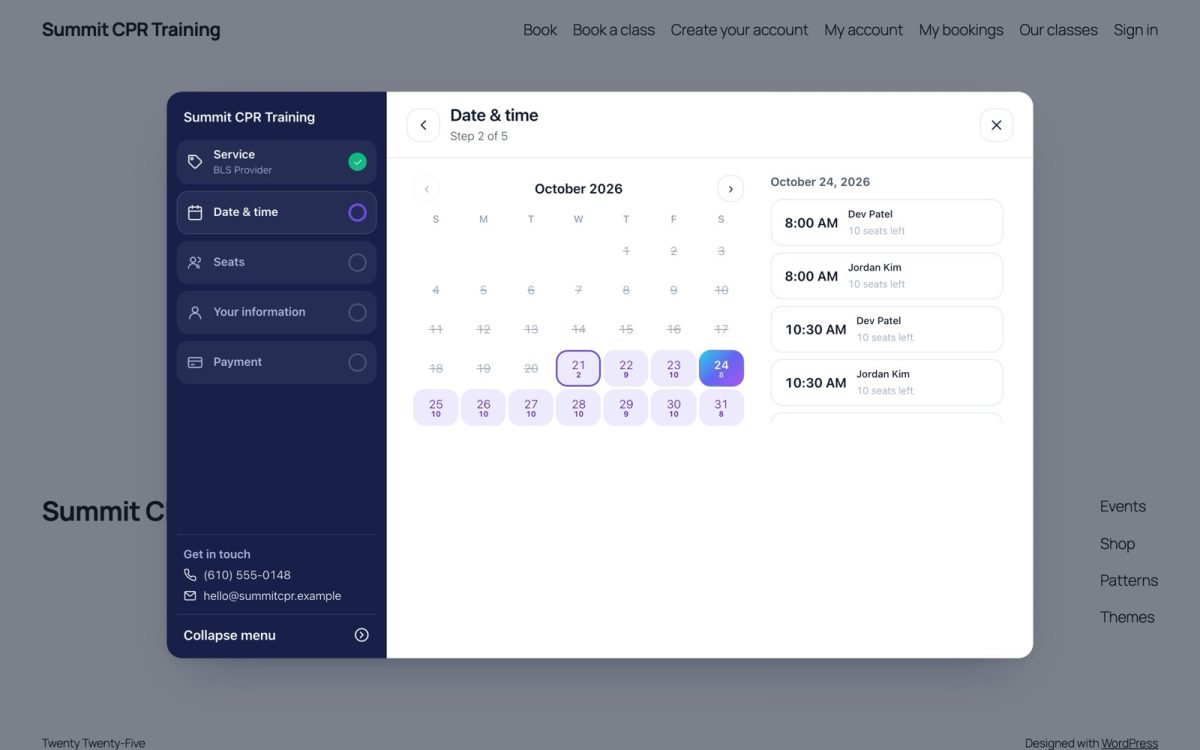 Screenshot: the booking pop-up open over a website. The side panel shows the steps with BLS Provider chosen; the main pane shows the calendar and times, with a close button in the corner.
