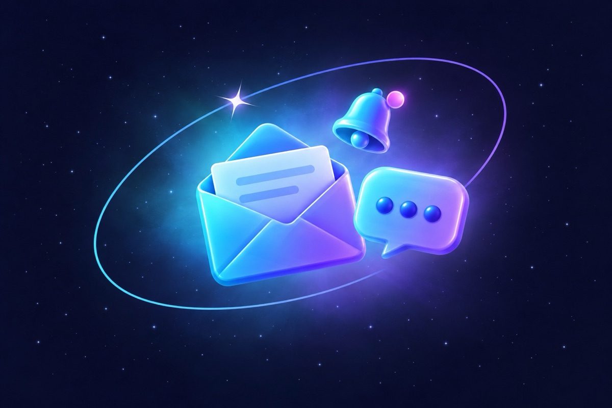 Illustration: a glowing envelope with a letter, a chat bubble and a notification bell.