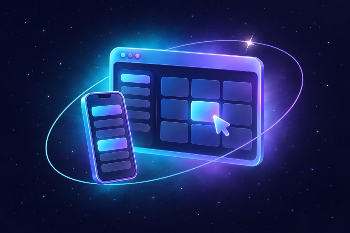 Illustration: a browser window and a phone showing a booking layout, with a cursor choosing a time.